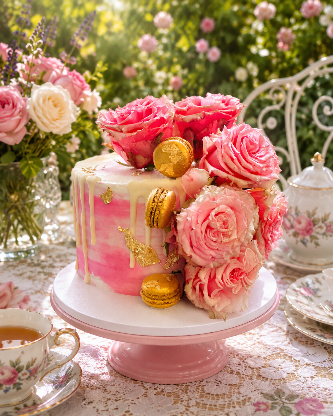 Pink Garden Flora Buttercream Macaron Cake
